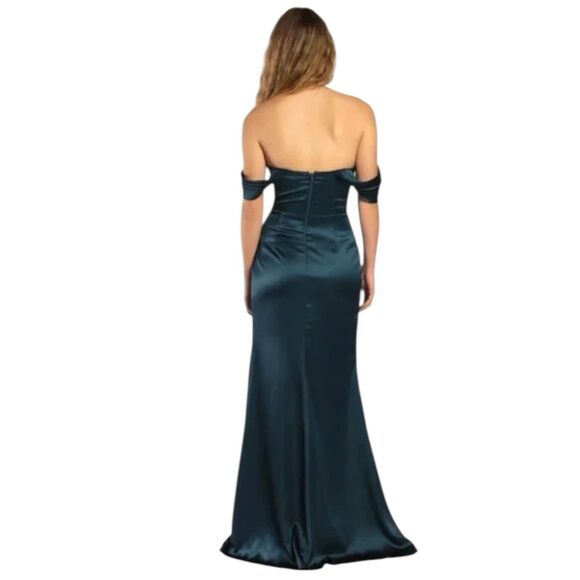 Lulus Maxi Dress Womens XL Satin Stunning Arrival Dark Teal Off The Shoulder NWT - Picture 2 of 14